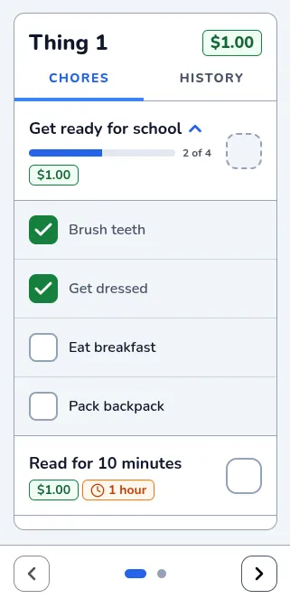 A kid's chore checklist in ChoreHelper